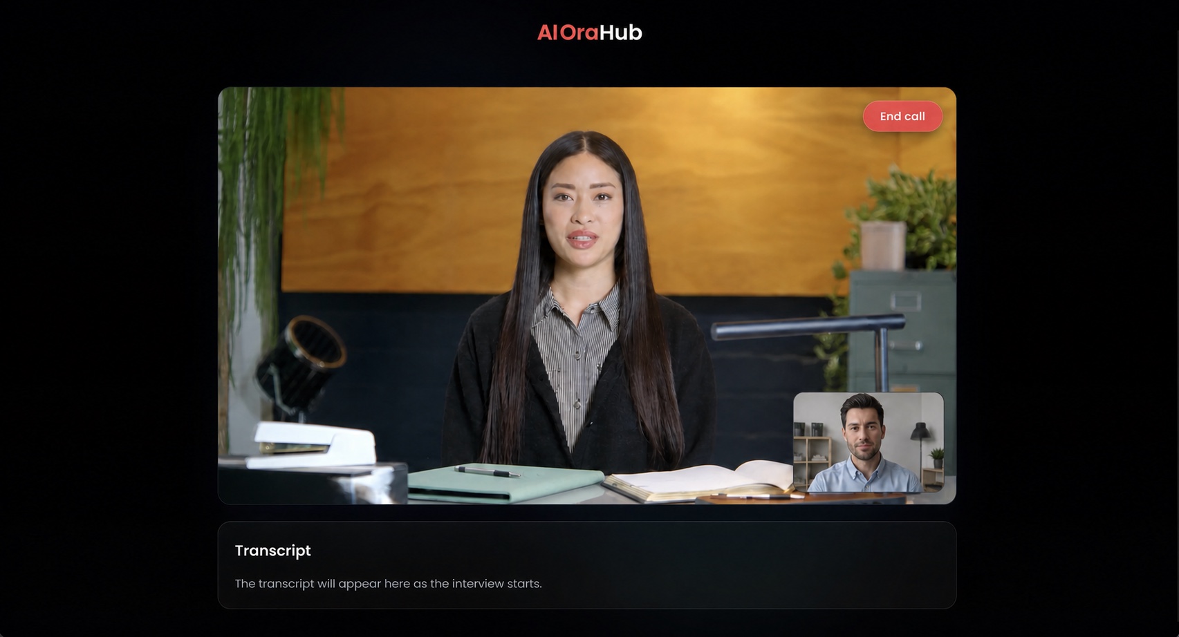 Active AIOraHub interview with an AI avatar and a job candidate